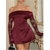 image:imageGORGLITTER Womens Lace Satin Birthday Dress Sexy Off Shoulder Mesh Long Sleeve Mini Dress Wedding Party Prom DressesBurgundy