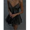 image:imageGORGLITTER Womens Lace V Neck Satin Dress Spaghetti Strap Tie Backless Sexy Wedding Guest Party Mini DressesBlack