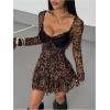 image:imageGORGLITTER Womens Leopard Print Mini Dress Lace Tie Back Long Sleeve Short Dresses Y2K Party Club Rave OutfitsBrown