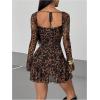 image:imageGORGLITTER Womens Leopard Print Mini Dress Lace Tie Back Long Sleeve Short Dresses Y2K Party Club Rave OutfitsBrown