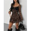 image:imageGORGLITTER Womens Leopard Print Mini Dress Lace Tie Back Long Sleeve Short Dresses Y2K Party Club Rave OutfitsBrown
