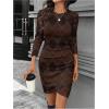 image:imageGORGLITTER Womens Long Sleeve Bodycon Dresses Wrap Argyle Plaid Slimming Crew Neck Wedding Guest DressBrown