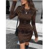 image:imageGORGLITTER Womens Long Sleeve Bodycon Dresses Wrap Argyle Plaid Slimming Crew Neck Wedding Guest DressBrown