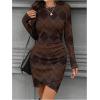 image:imageGORGLITTER Womens Long Sleeve Bodycon Dresses Wrap Argyle Plaid Slimming Crew Neck Wedding Guest DressBrown