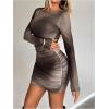 image:imageGORGLITTER Womens Long Sleeve Mini Dress Vacation Party Wedding Guest Cocktail Ombre Ruched Mesh Bodycon DressesGrey Brown