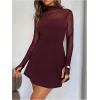 image:imageGORGLITTER Womens Mesh Mock Neck A Line Mini Dress Long Sleeve Spring Cocktail Wedding Guest Party Short DressesBurgundy