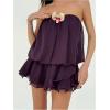 image:imageGORGLITTER Womens Mesh Tiered Flowy Mini Dress Y2k 3D Floral Strapless Ruffle A Line Layered Swing Short Summer DressesPurple