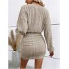 image:imageGORGLITTER Womens Mini Sweater Dress Long Lantern Sleeve Ribbed Knit V Neck Fall Winter Bodycon Short Dresses Apricot Medium