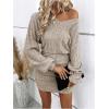 image:imageGORGLITTER Womens Mini Sweater Dress Long Lantern Sleeve Ribbed Knit V Neck Fall Winter Bodycon Short Dresses Apricot Medium
