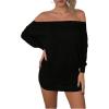 image:imageGORGLITTER Womens Off Shoulder Ruched Mini Dresses Poncho Long Sleeve Skinny Short Y2k Sheer Sexy DressBlack