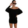 image:imageGORGLITTER Womens Off Shoulder Ruched Mini Dresses Poncho Long Sleeve Skinny Short Y2k Sheer Sexy DressBlack