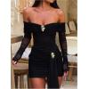 image:imageGORGLITTER Womens Off The Shoulder Bodycon Mini Dress Mesh Sheer Ruched Metal Long Sleeve Y2k Club Party DressesBlack