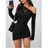 image:imageGORGLITTER Womens Off The Shoulder Bodycon Mini Dresses Asymmetrical Long Sleeve Ruched Cocktail Brunch Short DressBlack