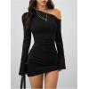 image:imageGORGLITTER Womens Off The Shoulder Bodycon Mini Dresses Asymmetrical Long Sleeve Ruched Cocktail Brunch Short DressBlack