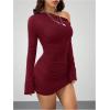 image:imageGORGLITTER Womens Off The Shoulder Bodycon Mini Dresses Asymmetrical Long Sleeve Ruched Cocktail Brunch Short DressBurgundy