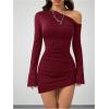 image:imageGORGLITTER Womens Off The Shoulder Bodycon Mini Dresses Asymmetrical Long Sleeve Ruched Cocktail Brunch Short DressBurgundy