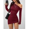 image:imageGORGLITTER Womens Off The Shoulder Bodycon Mini Dresses Asymmetrical Long Sleeve Ruched Cocktail Brunch Short DressBurgundy