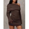 image:imageGORGLITTER Womens Off The Shoulder Cocktail Bodycon Mini Dresses Dinner Ruched Long Sleeve Party Pencil Birthday DressBrown