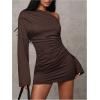 image:imageGORGLITTER Womens Off The Shoulder Cocktail Bodycon Mini Dresses Dinner Ruched Long Sleeve Party Pencil Birthday DressBrown