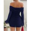 image:imageGORGLITTER Womens Off The Shoulder Mesh Mini Dress Long Sleeve Y2K Sexy Ruched Bodycon Birthday Club Party DressesBlue