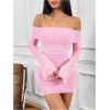 image:imageGORGLITTER Womens Off The Shoulder Mesh Mini Dress Long Sleeve Y2K Sexy Ruched Bodycon Birthday Club Party DressesPink
