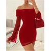 image:imageGORGLITTER Womens Off The Shoulder Mesh Mini Dress Long Sleeve Y2K Sexy Ruched Bodycon Birthday Club Party DressesRed