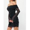image:imageGORGLITTER Womens Off The Shoulder Mesh Mini Dress Long Sleeve Y2K Sexy Ruched Bodycon Birthday Club Party DressesSparkly Black