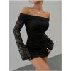 image:imageGORGLITTER Womens Off The Shoulder Mini Dress Long Sleeve Ruched Lace Bodycon Party Birthday Cocktail Sexy DressesBlack