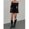 image:imageGORGLITTER Womens Off The Shoulder Mini Dress Long Sleeve Ruched Lace Bodycon Party Birthday Cocktail Sexy DressesBlack