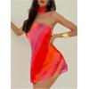 image:imageGORGLITTER Womens Ombre One Shoulder Mini Dress Lace Up Summer Wedding Guest Dresses with Neck ScarfRed
