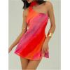 image:imageGORGLITTER Womens Ombre One Shoulder Mini Dress Lace Up Summer Wedding Guest Dresses with Neck ScarfRed