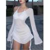 image:imageGORGLITTER Womens One Shoulder Swimsuit Coverups Dress Bell Long Sleeve Drawstring Beach Vacation Summer Dresses 2025White