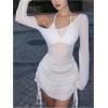 image:imageGORGLITTER Womens One Shoulder Swimsuit Coverups Dress Bell Long Sleeve Drawstring Beach Vacation Summer Dresses 2025White