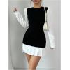 image:imageGORGLITTER Womens Pleated Bodycon Mini Dress Dressy Color Block Crew Neck Long Sleeve Cocktail Party Going Out DressesBlack and White