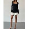 image:imageGORGLITTER Womens Pleated Mini Dress Color Block Ruffle Hem Long Sleeve Evening Dinner Trendy Fall Dresses 2025Black and White