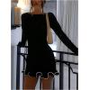 image:imageGORGLITTER Womens Ruffle Bodycon Mini Dress Boat Neck Long Sleeve Knit Pencil Short Going Out Party Club Night DressesBlack