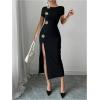 image:imageGORGLITTER Womens Split Bodycon Maxi Dress Metal Flower Short Sleeve Formal Elegant Wedding Guest Long DressesBlack