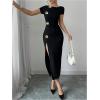 image:imageGORGLITTER Womens Split Bodycon Maxi Dress Metal Flower Short Sleeve Formal Elegant Wedding Guest Long DressesBlack