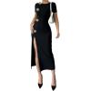 image:imageGORGLITTER Womens Split Bodycon Maxi Dress Metal Flower Short Sleeve Formal Elegant Wedding Guest Long DressesBlack