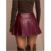 image:imageGORGLITTER Womens Y2k Pleated Leather Skirt Flared Buckle Belted Fall A Line Mini SkirtsBurgundy