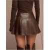 image:imageGORGLITTER Womens Y2k Pleated Leather Skirt Flared Buckle Belted Fall A Line Mini SkirtsCoffee Brown