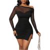 image:imageGORGLITTER Womens Asymmetrical Neck One Shoulder Patchwork Dresses Fall Mesh Long Sleeve Sexy Party Dinner Mini DressBlack