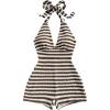 image:imageGORGLITTER Womens Backless Halter Shorts Rompers Dressy Summer Vacation Sexy Striped Open Back One Piece JumpsuitBrown and White