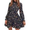 image:imageGORGLITTER Womens Floral Mini Dress Ruffle Long Sleeve Mock Neck Smocked Casual Boho Flowy DressesBlue