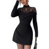 image:imageGORGLITTER Womens Lace Ruched Long Sleeve Cocktail Dress Mock Neck Elegant Short A Line Evening DressesBlack