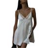 image:imageGORGLITTER Womens Lace V Neck Satin Dress Spaghetti Strap Tie Backless Sexy Wedding Guest Party Mini DressesWhite