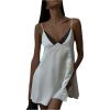 image:imageGORGLITTER Womens Lace V Neck Satin Dress Spaghetti Strap Tie Backless Sexy Wedding Guest Party Mini DressesWhite Lace Trim