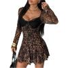 image:imageGORGLITTER Womens Leopard Print Mini Dress Lace Tie Back Long Sleeve Short Dresses Y2K Party Club Rave OutfitsBrown