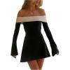 image:imageGORGLITTER Womens Off Shoulder Dress Color Block Long Sleeve A Line Mini Party Wedding Guest DressesBlack
