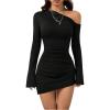 image:imageGORGLITTER Womens Off The Shoulder Bodycon Mini Dresses Asymmetrical Long Sleeve Ruched Cocktail Brunch Short DressBlack